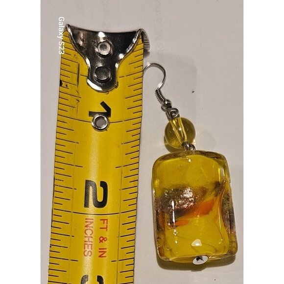 2 Vintage Earrings Hand Blown Art Glass Chunky Dangle With Hook Yellow & Green - Picture 6 of 11